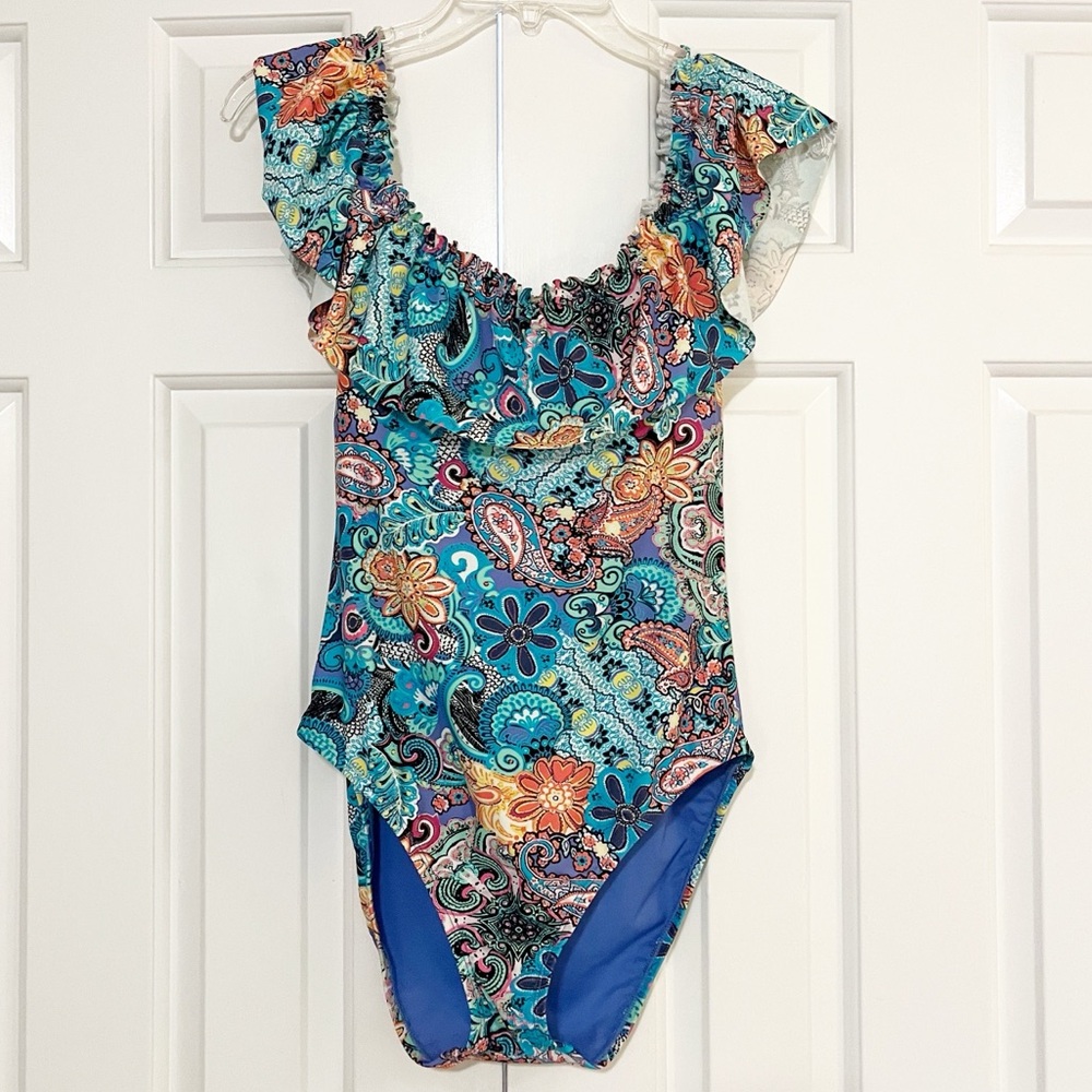 Bleu Rod Beattie Colorful Floral Paisley Ruffle Teal Blue One-Piece Swimsuit. 10 - Picture 9 of 14